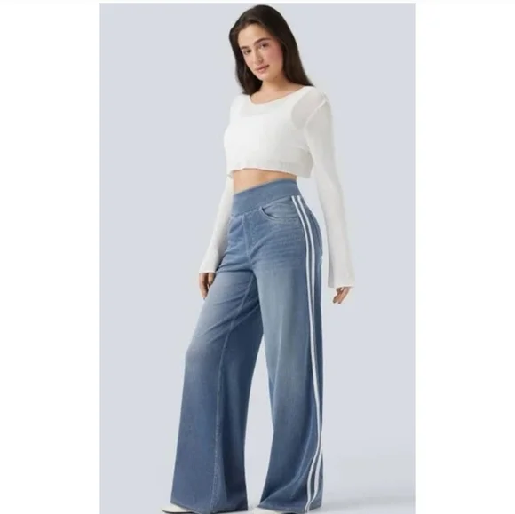 Brand New HALARA Light Blue Wide Leg Jeans with White Stripes Medium - Picture 2 of 10